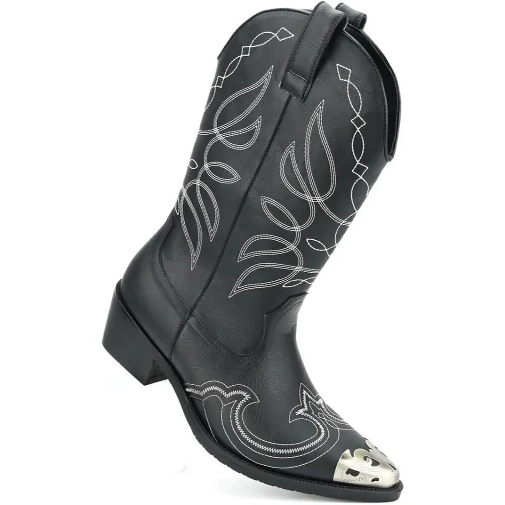 Men's Black Western Cowboy Retro Classic Embroidered Pull On Durable Boots